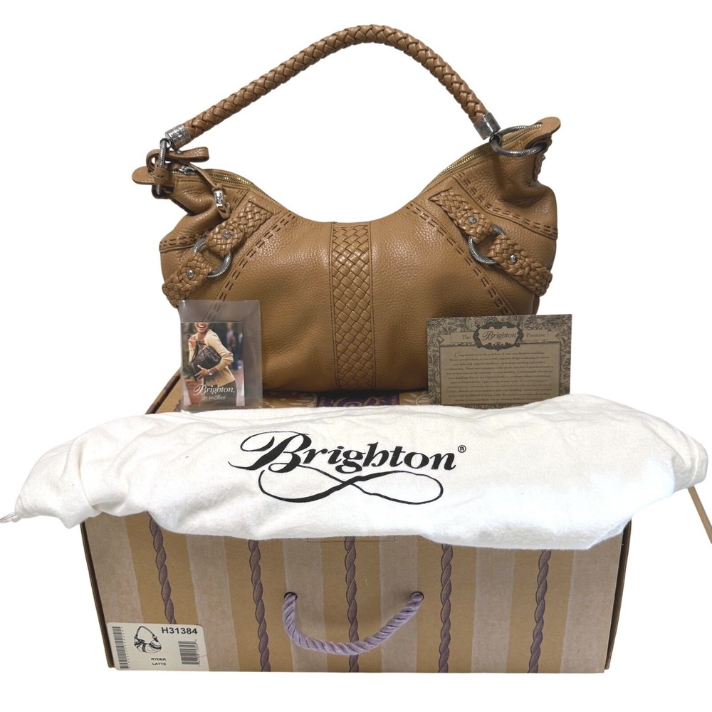 Brighton Ryder Latte Pebbled Leather Hobo Bag Tan Braided H31384 Excellent